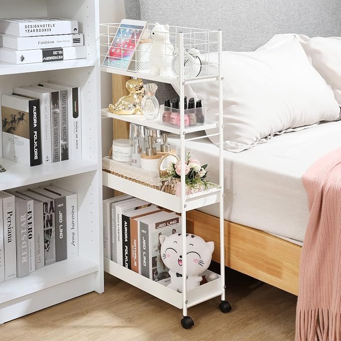 KINGRACK 4 Tier Slim Rolling Cart, Metal Utility Storage Cart with Wheels | 5.7" Raised Edge, Narrow Space Trolley Organizer for Bathroom, Kitchen, Office, Dorm, Laundry, Living Room, White - Image 6