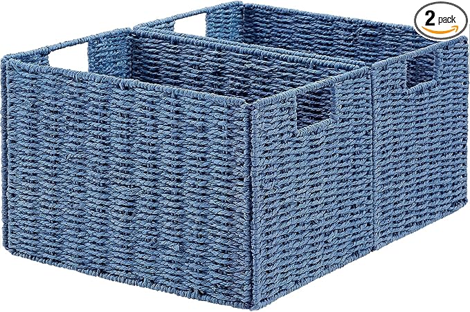 Wicker Storage Basket, Set of 2 Hand-Woven Paper Rope Wicker Basket, Large Storage Baskets for Organizing Toilet Paper, Foldable Cube Storage Organizer Bins for Shelves (Blue) by Vagusicc