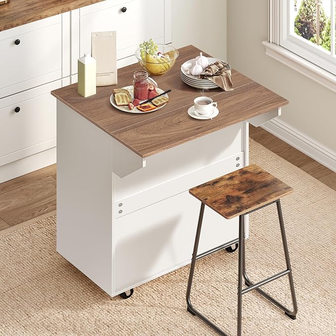 MAHANCRIS Kitchen Island on Wheels with Drop Leaf, Folding Countertop Kitchen Island Cart, Kitchen Island Table with Towel Rack, Drawer, for Kitchen, Dining Room, White and Walnut KIBZ12501 - Image 8