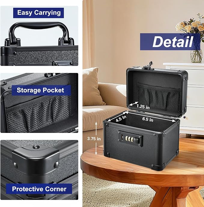 Black Medicine Lock Box - 7" Medication Lock Box & Lockable Storage Box for Personal Items - Secure Medicine Storage Box with 3-Digit Combination Lock - Aluminum Small Lock Box for Home Travel - Image 2
