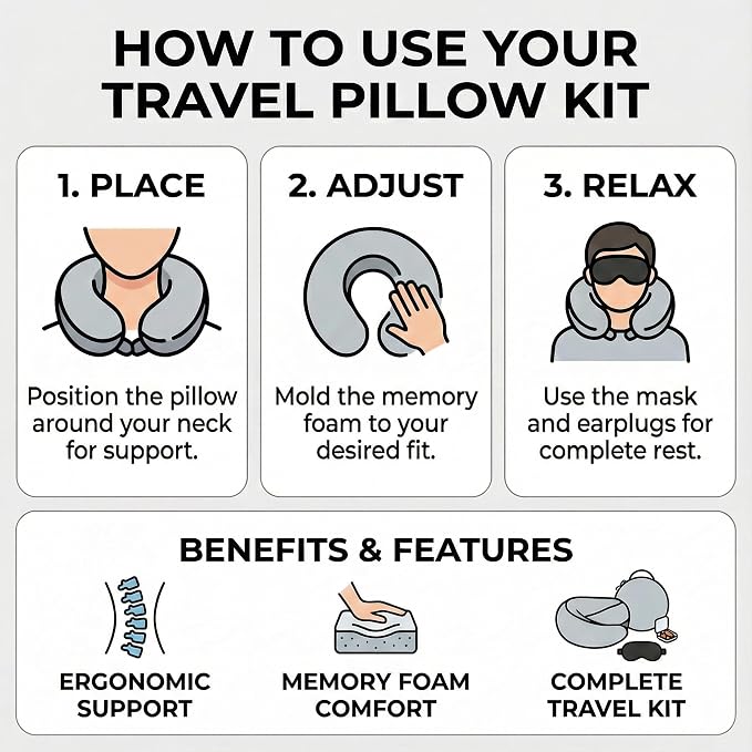 Travel Neck Pillow with Memory Foam & Chin Support – Includes Cute Macaron EVA Water-Resistant Carry Case, Eye Mask & Ear Plugs (Light Grey) - Image 8