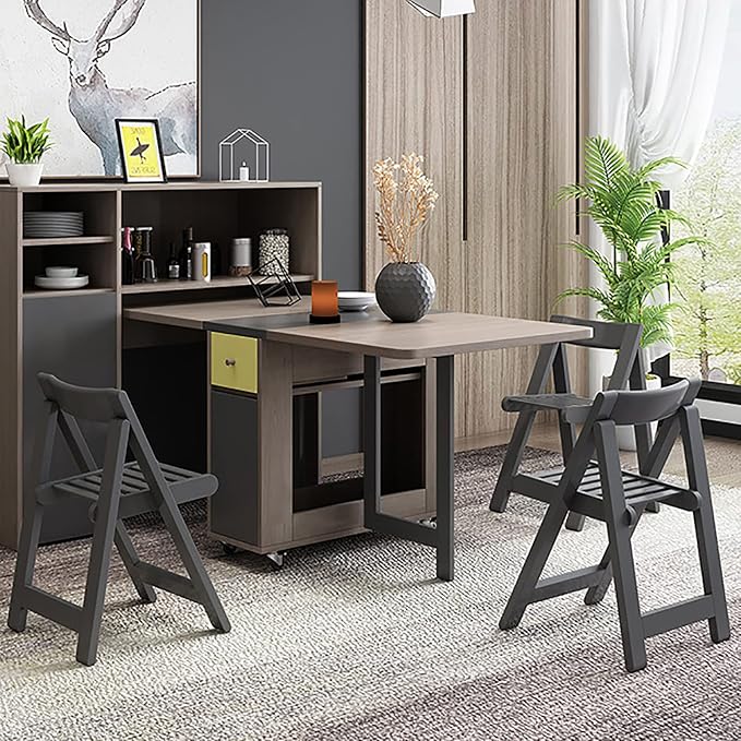Drop Leaf Folding Dining Table with Storage, 2 Drawers, Grey | 3 Foldable Forms, Space Saving, Movable on Casters, for Kitchen Dining Living Room, Extendable, Versatile - Image 9
