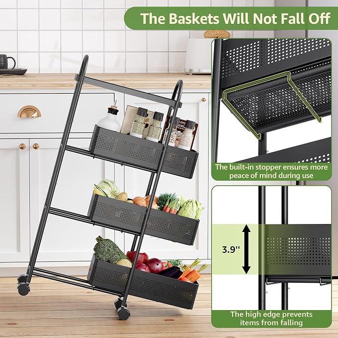 KINGRACK 4 Tier Slim Rolling Cart with Drawer, Metal Utility Storage Cart | 3 Pull-out Baskets, Lockable Wheels, Narrow Space Trolley Organizer for Bathroom, Kitchen, Office, Dorm, Laundry Room, Black - Image 5