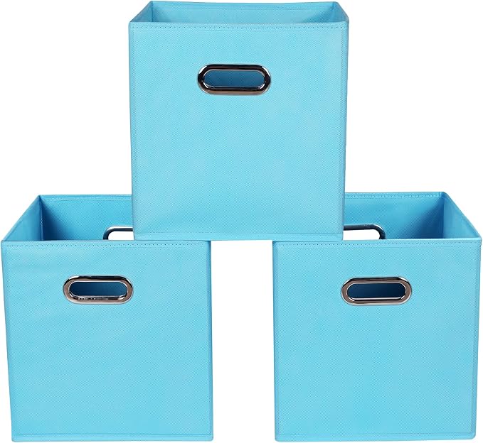 Yunkeeeper storage bins Cubes, Fabric Cube Organizer with Handle, Foldable Cube Bins for Cloth or Accessary Storage, 11x11x11, Set of 3, (Blue) by Yunkeeper