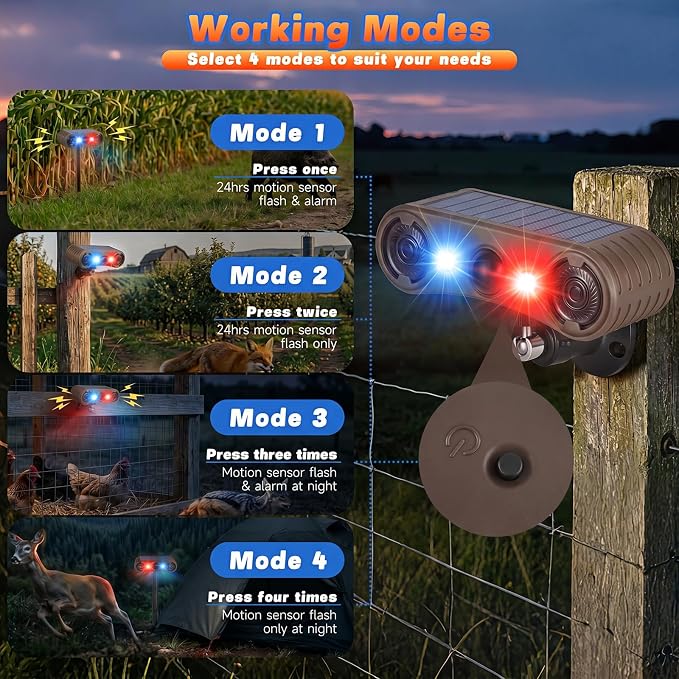 Solar Motion Sensor Alarm Outdoor, 130dB Dual Speaker Loud Noise Maker | Red & Blue Strobe Light, 13 Sounds Continuous Loop Playback, 4 Working Modes for Home, Villa, Farm, Chicken Coop - Image 4