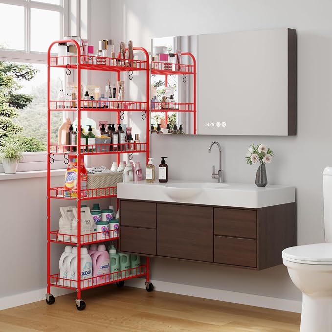Slim Rolling Storage Cart, 6 Tier Metal Kitchen Rolling Utility Cart with Lockable Wheels for Kitchen, Bathroom, Laundry Room, Small Narrow Spaces (Red 10 Inches) - Image 3