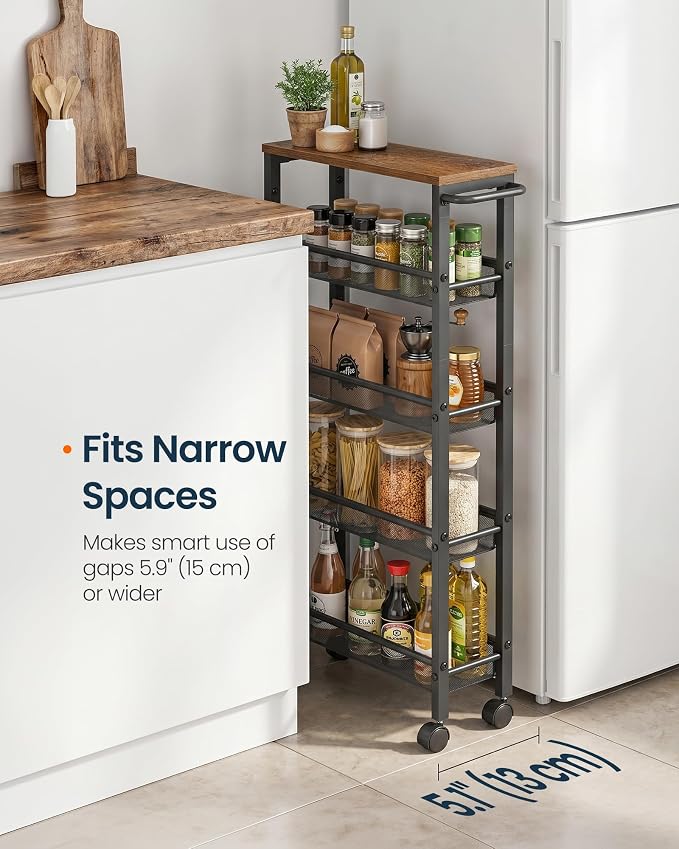 SONGMICS HOME Slim Rolling Cart, 5-Tier Storage Cart with Wheels and Handle, Narrow Utility Cart for Kitchen, Living Room, Brown and Black - Image 3