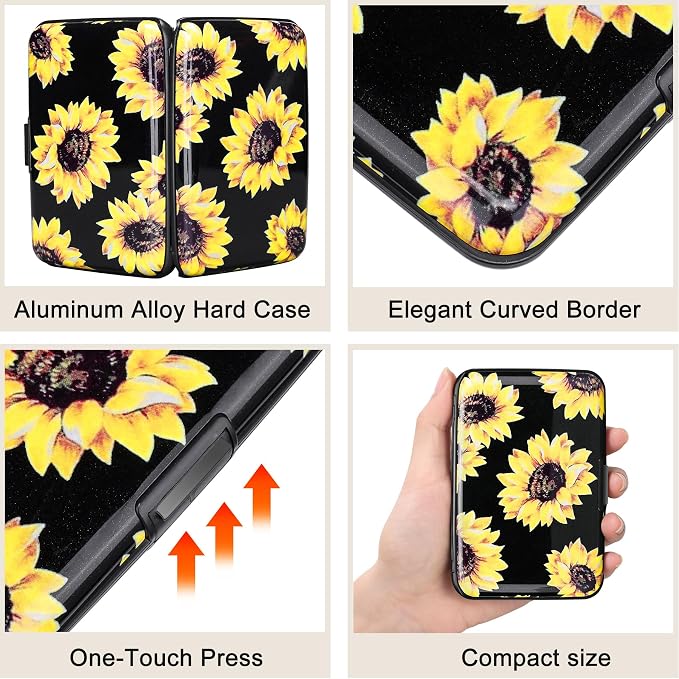 Mini RFID Aluminum Wallet Credit Cards Holder Business Card Case Metal ID Case for Men Women (Yellow sunflower) - Image 3
