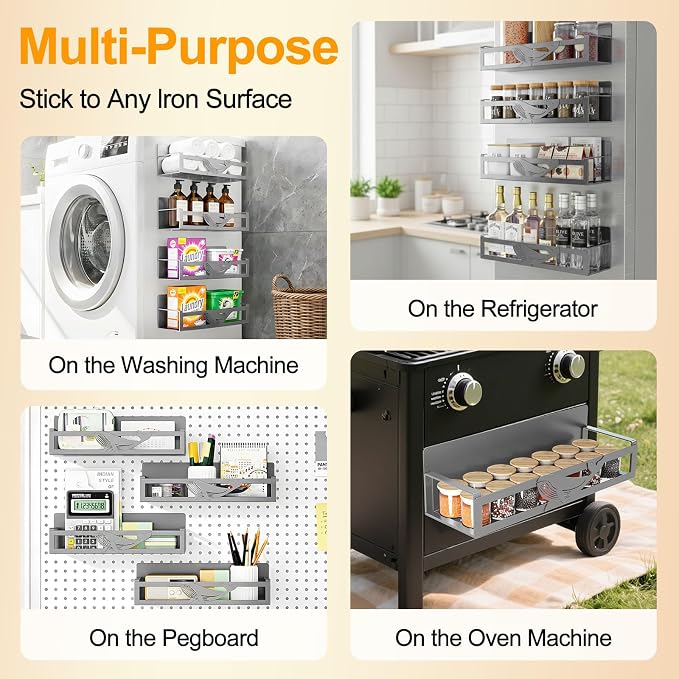 Magnetic Spice Rack for Refrigerator, 4 Pack Metal Magnetic Shelf Organizer for Fridge Side, Strong Spice Storage Rack for Kitchen, Gray - Image 3