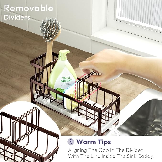 SWTYMIKI Sponge Holder for Kitchen Sink - Sink Caddy with Brush Holder Self-draining Sponge Caddy Organizer with Divider Stainless Steel Kitchen Accessories Storage for Countertop, Bronze - Image 4