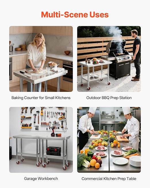 VEVOR Stainless Steel Table, 24 x 30 Inches Food Prep Worktable with Wheels, Kitchen Prep Table with Adjustable Undershelf Workstations for Commercial Kitchen, Restaurant, Hotel and Garage, Outdoor - Image 9