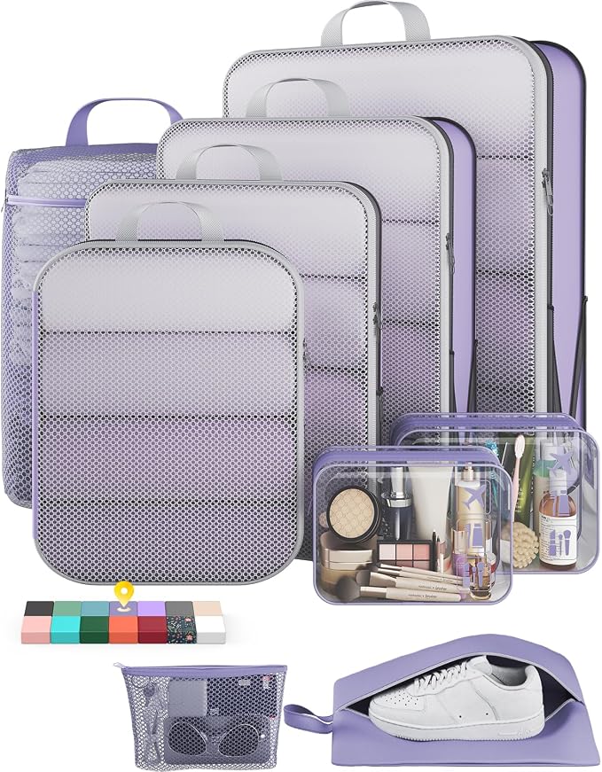 Veken 9/11 Set Compression Packing Cubes Garment Bags for Travel Essentials,Compressible Expandable Luggage Organizer Bags for Clothing,Space Saver Bags with Over 1000 pcs of Mesh Holes(Purple Gray) by Veken