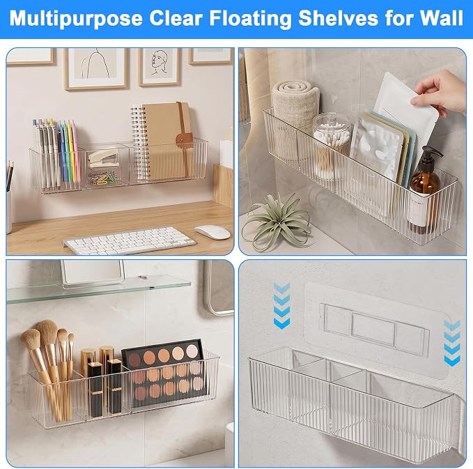 4 Pack Wall Mounted Organizer with 8 Hooks, Acrylic Wall Organizer Clear Floating Shelves for Bathroom, Office, Kitchen, No Drill Adhesive Storage for Makeup, Markers, Coffee Supplies, Remote Controls - Image 4