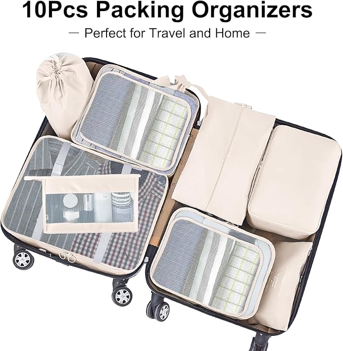 Packing Cubes for Travel- 8 Set Luggage Organizer Bags for Family, Mesh Breathable Travel Packing Cubes for Suitcases Durable Travel Essentials Bags Set (Beige, 10 Set) - Image 2