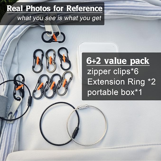 Qivievsa 6+2Pcs Zipper Clips Anti Theft Travel Set, Black | 6 Lockable Zipper Clips with 2 Extension Rings, For Backpack Locks, Crossbody Bag, Suit for Double/Single Zippers - Image 6