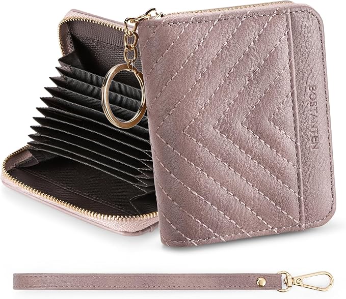 BOSTANTEN Credit Card Holder Small RFID Wallet Women with Keychain Wristlet | Compact, Accordion Design, Easy Organization, Fits Small Purses, Quilted Vegan Leather, Perfect Gifts, Purple - Image 6