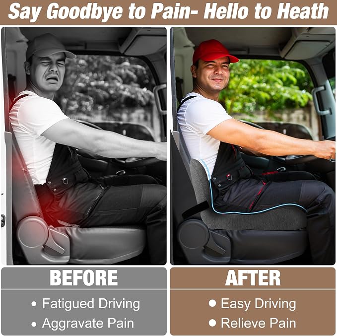 Truck Seat Cushion, Memory Foam Trucker Seat Cushion for Truck Driver Long Sitting with Adjustable Strap, Back Support and Pain Relief for Trucker Driving Office Chair and Pain, Dark Gray - Image 7