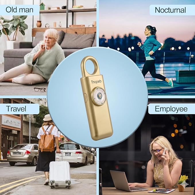 Thopeb Personal Safety Alarm for Women – Upgraded Rechargeable | Strobe with Separate Switch, 135dB Siren, Long-Lasting Protection, Stylish Keychain (Metallic Gold) - Image 8