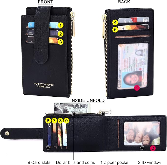 Badiya Slim Women Wallet RFID Blocking Bifold Compact 9 Card Slots Holder Wallets Soft Leather with Zipper Coin Pocket 2 ID Window - Image 5