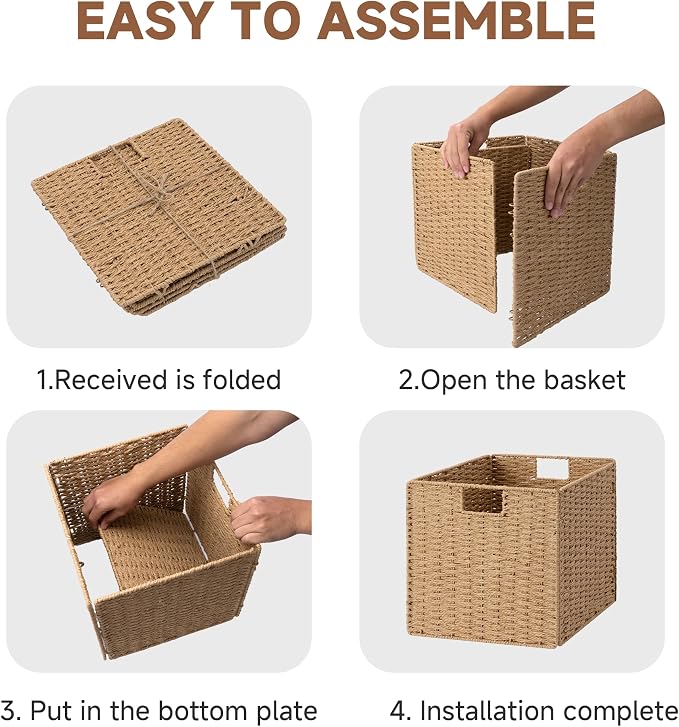 StorageWorks 13 inch Wicker Storage Baskets,Foldable Wicker Baskets,Natural | 2-Pack,Handwoven Organizer Baskets, Wicker Baskets for Organizing,Paper Rope Square Storage Cubes,Square Baskets,Woven Basket - Image 8