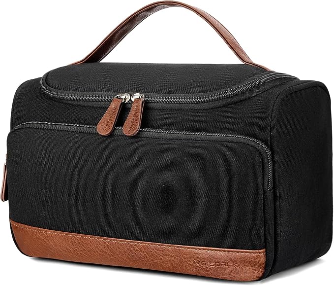 Vorspack Structured Canvas Travel Toiletry Bag for Men, Large-Black | Upright Travel Bag with Wet Pocket, Wide Opening, Bathroom Organizer for Shaving Grooming Skincare, Travel Essentials, Gifts by Vorspack