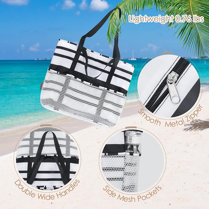 KABAQOO Large Beach Bag Waterproof Sandproof Tote Bag for Women with Zipper & Mesh Pockets for Pool Swim Travel Everyday | waterproof - Image 7