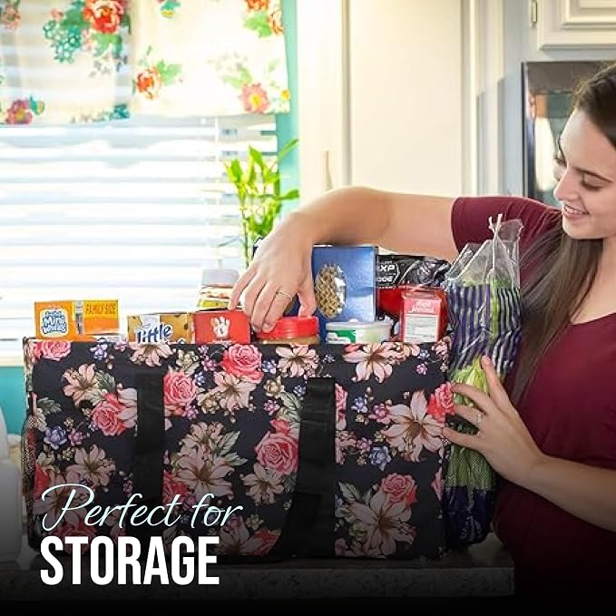 Extra Large Utility Tote Bag, Oversized Collapsible Reusable Wire Frame Rectangular Canvas Basket With Two Exterior Pockets For Beach, Pool, Laundry, Car Trunk, Storage - Rose - Image 2