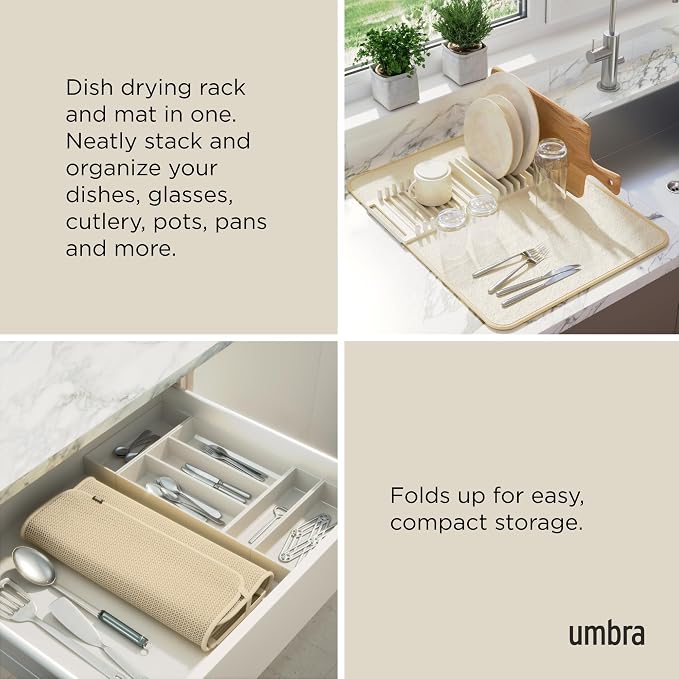 Umbra Udry Dish Drying Rack with Mat, Folds Flat for Storage, Linen | Protects countertop, BPA-free, recycled plastic construction - Image 4