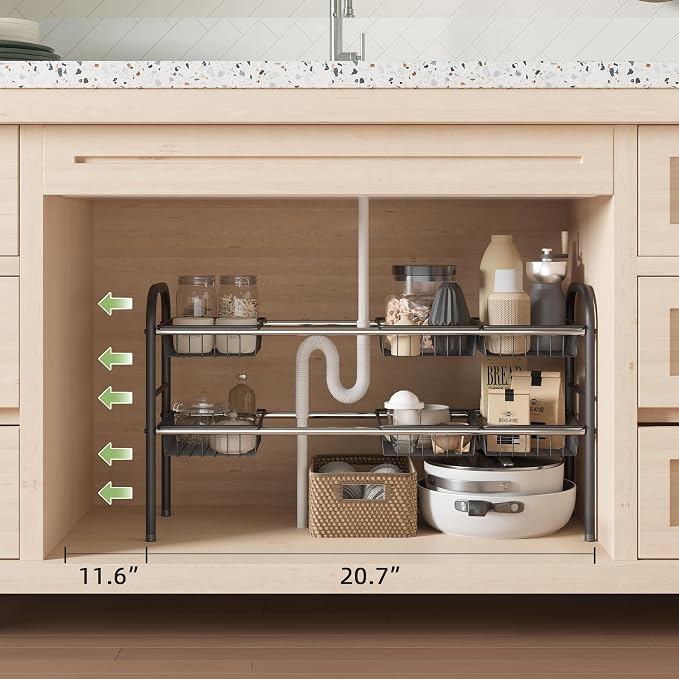 Under Sink Organizers and Storage,Expandable under cabinet organizer Shelf | 2 tier expandable shelf for kitchen and bathroom,8 Baskets,Adjustable partition height,20.7-32.3" W - Image 5