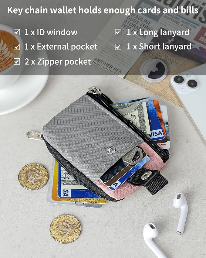 Artpaxy Minimalist Wallet For Mens Womens, Keychain RFID Blocking Zipper Small Wallet with ID Window 2 Lanyards,Water Resistant Travel Cash Card Coin Case Boys Girls - Image 5