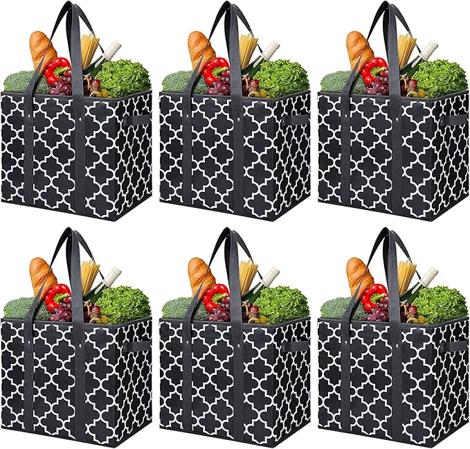Reusable Grocery Bags 6-Pack Foldable Washable Large Storage Basket, Black | Water Resistant Shopping Tote Bag Bins by WiseLife