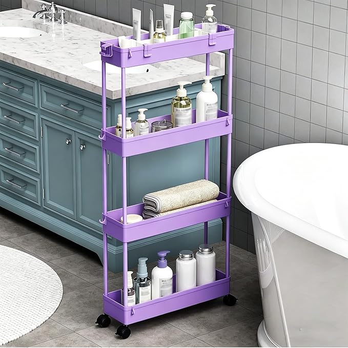 Slim Storage Cart 3 Tier,Bathroom Organizer Rolling Utility,Mobile Shelving Unit Slide Out for Office, Kitchen, Laundry Room & Narrow Places,Purple by Home