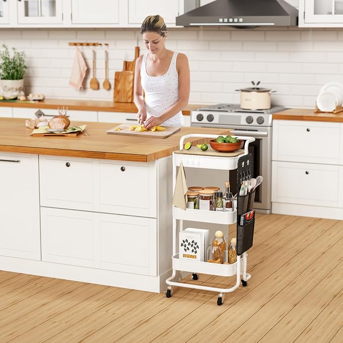 DTK 3-Tier Rolling Cart with Table Top, Metal Utility Cart with Side Bags | Tray Storage Organizer, Lockable Wheels, 4 Hooks, Art Cart for Kitchen, Bathroom, Office, Craft room, Living room, White - Image 8