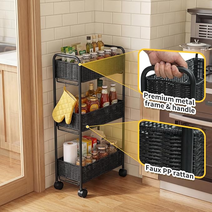 Utility Slim Storage Cart,3-Tier Rolling Kitchen Office Laundry Room Cart,Mobile Shelving Unit Organizer for Living Room Bathroom Baby Diaper Narrow Places (Black, 3 Tiers-7.1 inch (W)) - Image 8