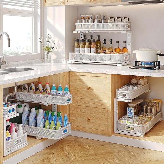 2 Pack 21.3IN-Depth Under Sink Organizer with Smooth Cylindrical Rail,2-Tier Pull Out Multi-Purpose Cabinet Storage for Bathroom&Kitchen,Height Adjustable,Rust-Resistant Coating-White - Image 7