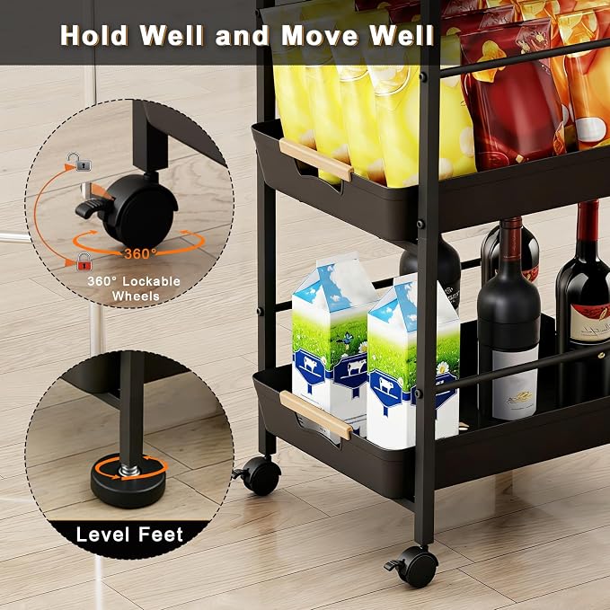 6-Tier Slim Rolling Storage Cart with Wheels, Metal Organizer Tall Rolling Cart, Wood Top Narrow Mobile Utility Cart with Pull-Out Baskets for Kitchen, Bathroom, Laundry Room, 13in(W) Black - Image 4