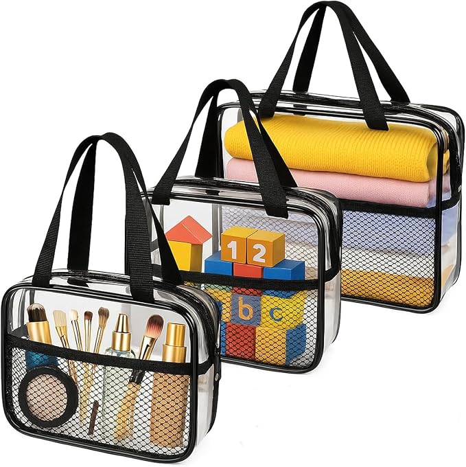 XEWEA 3PCS Clear Travel Toiletry Bags with Handles & Pocketfor Men Women | TSA Approved Transparent Makeup Bag, Waterproof PVC Organizer with Zipper for Toiletries Airline Essentials by XEWEA