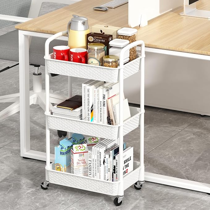 MOYIPIN 3-Tier Plastic Rolling Utility Cart with Handle,Utility Storage Cart for Office, Living Room, Kitchen,Movable Storage Organizer Shelves,White | Utility Storage Cart for Office, Living Room, Kitchen,Movable Storage Organizer，Easy installation，Ra... - Image 4