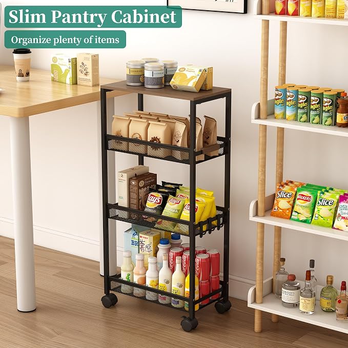 4-Tier Slim Utility Rolling Laundry Cart with Wheels, Easy to Assemble | 9.1" Wide for Narrow Spaces, Wood Top with Metal Frame, Mobile Storage Shelves for Bathroom, Kitchen, Office - Image 6