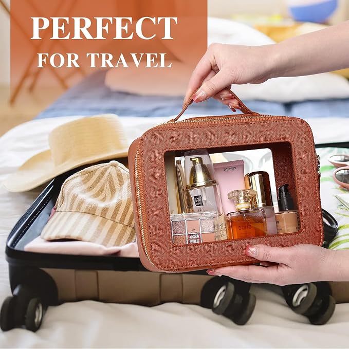 Pinkmik Clear Makeup Bag with Brush Bag, (Brown, L+SLIM) | 2pcs, Waterproof, Travel Case for Cosmetics and Toiletries, Women's Cosmetic Organizer, with Zipper - Image 4