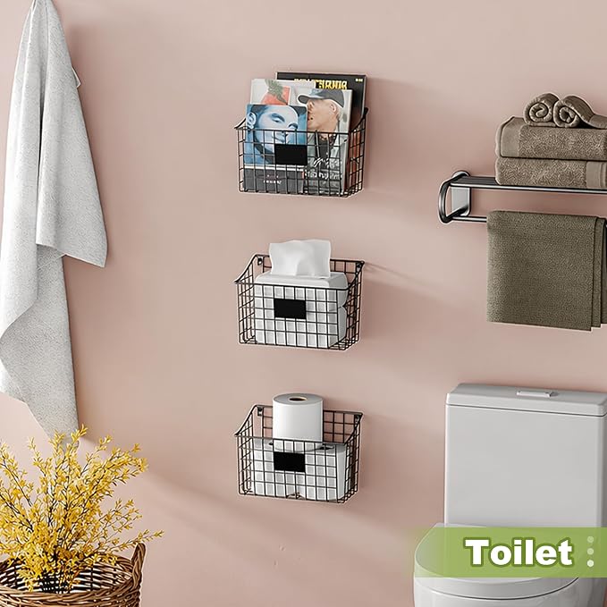 Wall Mounted Bin Basket with 5 Hooks 3 Label Plate Adhesive-3 Pack, Cabinet Hanging Metal Wire Basket,Rustic Farmhouse Decor, Storage Organization Shelf for Pantry Kitchen Bathroom 10.6*7.5*5.1inch - Image 6