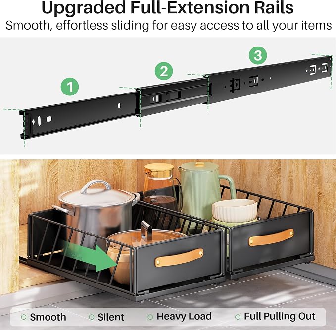 Pull out Cabinet Organizer,Heavy Duty Slide out Pantry Shelves Drawer Storage with Adhesive Nano Film,Sliding Mesh Cabinet Basket with Handle for Kitchen, Bathroom, Home, 11.8"W X 15.7"D X6.2"H,Black - Image 4