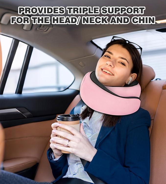 Travel Neck Pillow, Newly Upgraded Hooded Neck Pillow,100% Pure Memory Foam Travel Pillow for Flight Headrest Sleep,Portable Aircraft Accessory,Suitable for use in Plane/Car/Office(Pink) - Image 7