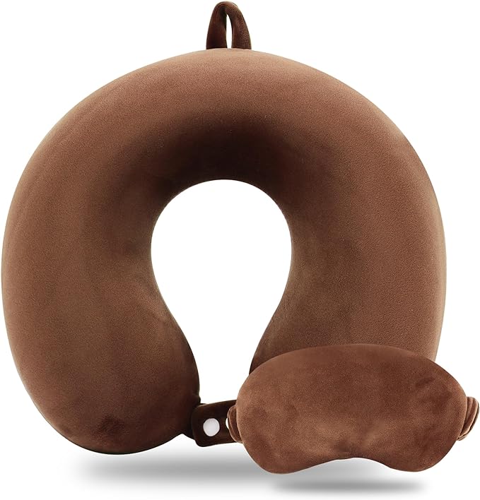 Sexysamba Pure Memory Foam Travel Pillow Set for Adults - Comfortable & Removable Machine Washable Cover, Neck Support Pillow Airplane Travel Kit with Eye Mask for Portable Plane Accessories - Brown by Sexysamba