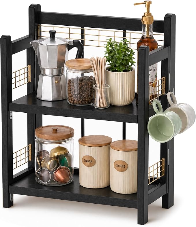 No-Assembly Coffee Bar Organizer, 2-Tier Coffee Station Shelf | Foldable Oak Wood Shelf, Coffee Station Accessories Storage for Syrup & Pods, 3 Hooks for Mugs, Kitchen Spice Rack, Black by JNFUZ