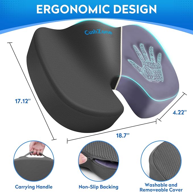 CushZone XXL Memory Foam Seat Cushion for Office & Car, Gray | U-shaped Coccyx Cutout, Contoured Design, Breathable Removable Mesh Cover, Non-Slip Base, Carry Handle - Image 4