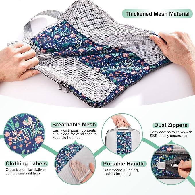 OlarHike 8 Set Compression Packing Cubes for Travel Essentials,Compressible Expandable Space Saver Bags for Organizing Clothes,Luggage Garment Bags with Over 1000 pcs Mesh Holes(Dark Blue Floral) - Image 6