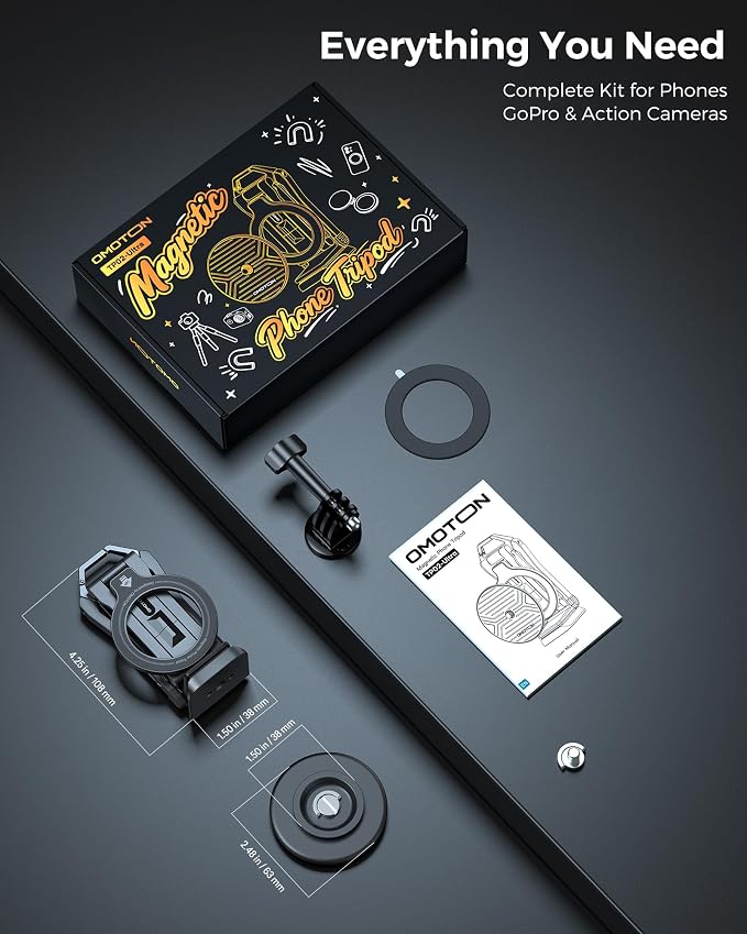 OMOTON TP02-Ultra Magnetic Action Camera Mount for DJI/GoPro iPhone, Black | Arca-type Adapter with 1/4" Screw, 4 in 1 Phone Tripod for Travel Vlog, Adjustable & Swivel, for iPhone 12-17 Series - Image 9