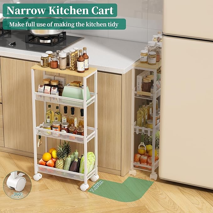 4-Tier Slim Utility Rolling Laundry Cart with Wheels, Easy to Assemble | 7.2" Wide for Narrow Spaces, Wood Top with Metal Frame, Mobile Storage Shelves for Bathroom, Kitchen, Office - Image 4