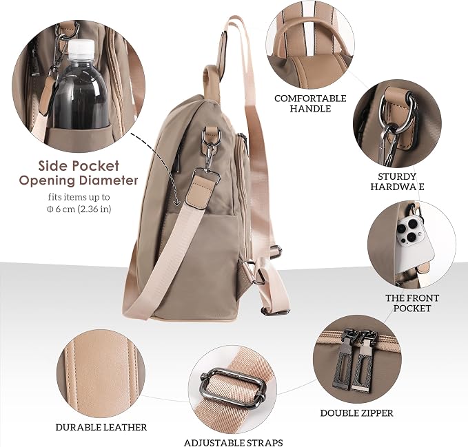 PINCNEL Women Medium Backpack Purse Waterproof Nylon Anti-theft Rucksack Lightweight Shoulder Bag Mocha - Image 3